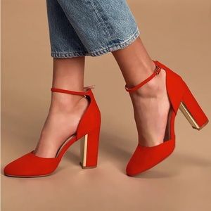 Lulu’s, Laura Red Suede Ankle Strap Heels